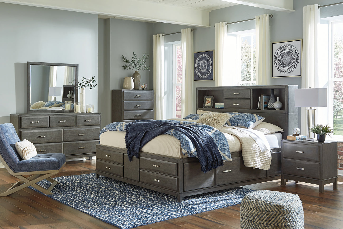 Caitbrook  Storage Bed With 8 Storage Drawers With Mirrored Dresser And 2 Nightstands