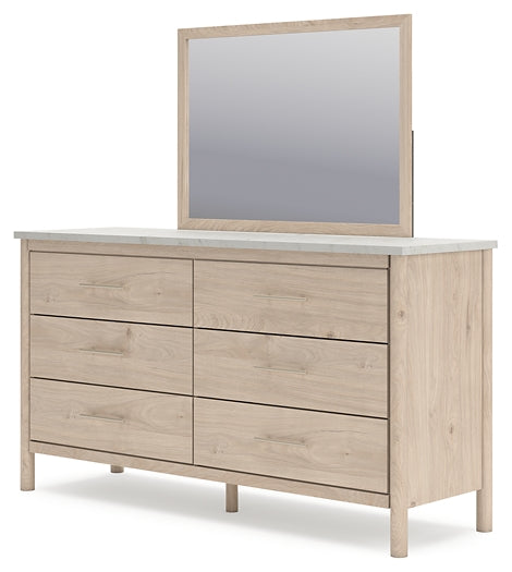 Cadmori Queen Upholstered Panel Bed with Mirrored Dresser, Chest and Nightstand